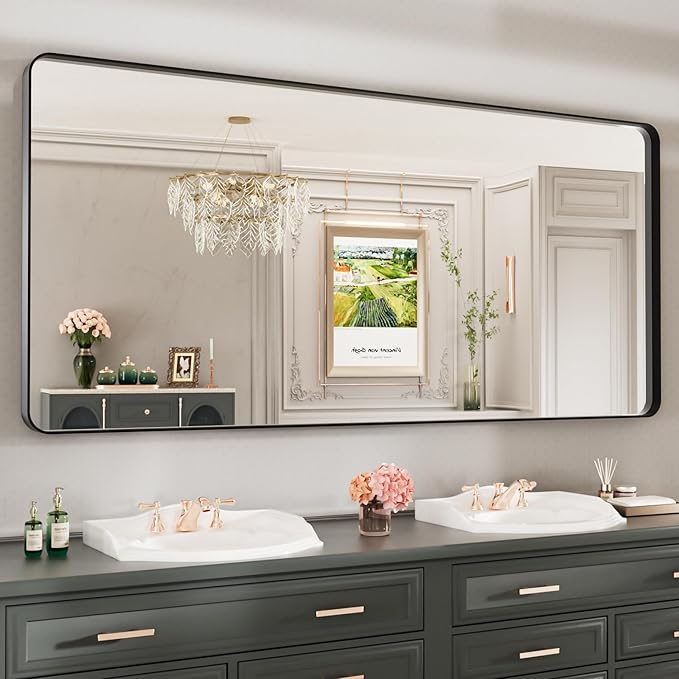 LOAAO 77X36 Inch Black Metal Framed Bathroom Mirror for Wall, Matte Black Bathroom Vanity Mirror Farmhouse, Large Rounded Rectangle Mirror, Anti-Rust, Tempered Glass, Hangs Horizontally or Vertically