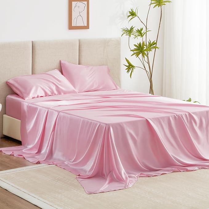 Love's cabin Twin XL Satin Sheet Sets - 3 Piece Pink Silky Bed Sheets with Deep Pockets, Luxury Silk Feel Satin Sheet Set Twin XL (1 Flat Sheet,1 Fitted Sheet,1 Pillow case)