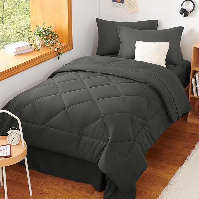 CozyLux Twin XL Comforter Set Dark Grey - 5 Pieces Twin Extra Long Bed in a Bag for College Dorm, All Season Bedding Set for Girls and Boys, Soft Bed Set with Comforter, Sheets, Pillowcase & Sham