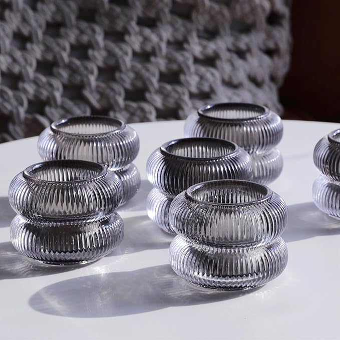Woho Smoke Grey Ribbed Votive Candle Holder Set of 12, Vintage Tea Lights Candle Holder for Halloween Decorations, Glass Tealight Candle Holders for Holiday Party/Home Decor (Grey, 2.1" H X 2.75" D)