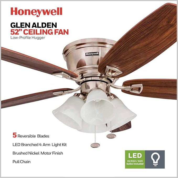 Honeywell Ceiling Fans Glen Alden, 52 Inch Classic Flush Mount Indoor LED Ceiling Fan with Light, Pull Chain, Quick-2-Hang Dual Finish Blades, Reversible Motor - 50182 (Brushed Nickel)