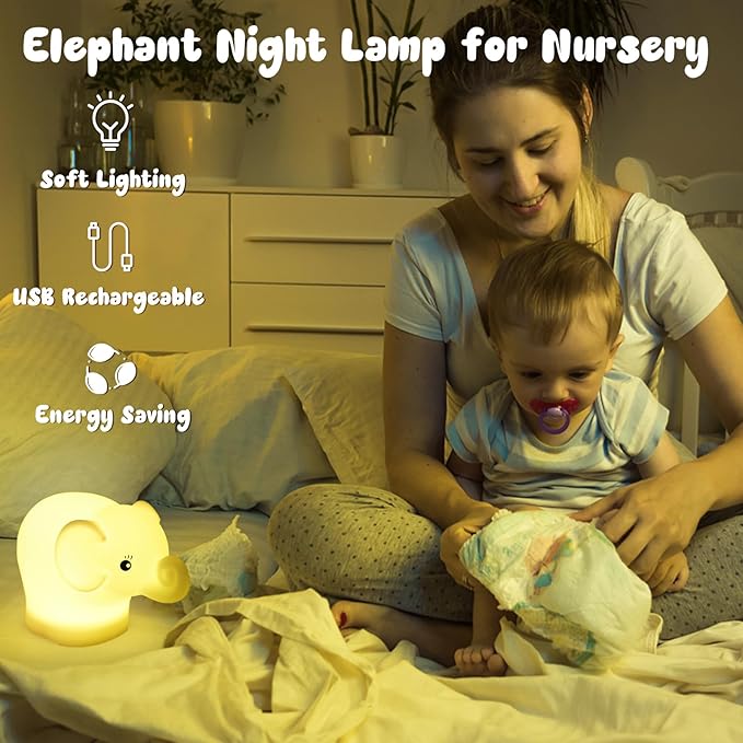 ShaArkMango LED Night Light for Kids Toddler Bed, Cute Animal Night Lamp Color Changing, Soft Baby Light Dimming & Timer &Rechargeable Nursery Bedside Lamp for Breastfeeding Elephant Gifts for Women
