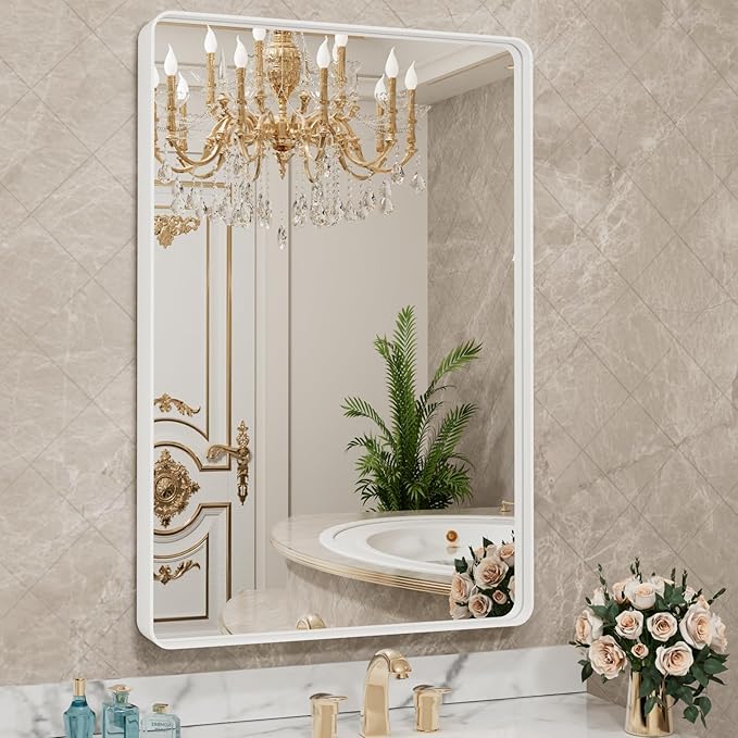 LOAAO 24x32 Inch White Metal Framed Bathroom Mirror for Wall, White Bathroom Vanity Mirror Farmhouse, Large Rounded Rectangle Mirror, Anti-Rust, Hangs Horizontally or Vertically