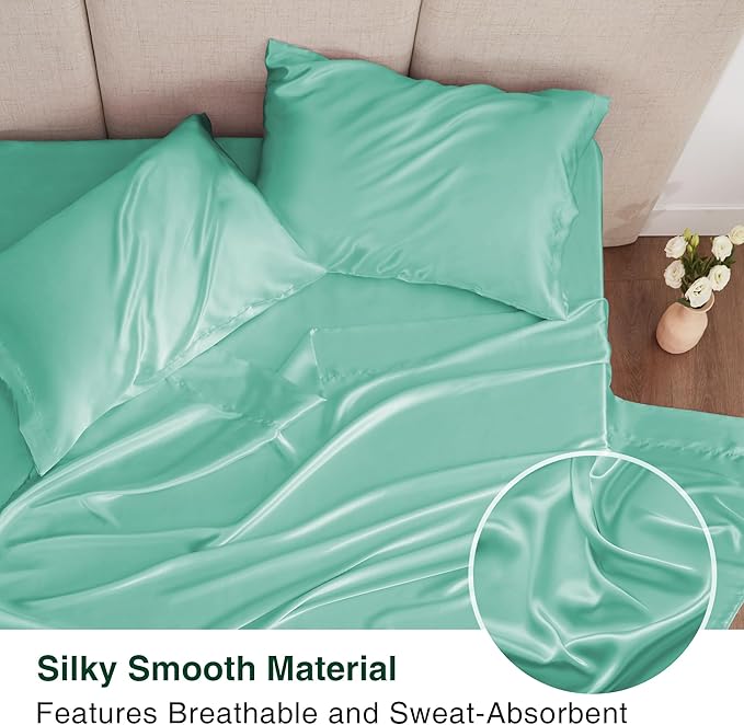 Love's cabin Satin Queen Sheets Set - 4 Piece Aqua Silky Bed Sheets with Deep Pocket, Luxury Silk Feel Satin Queen Size Sheet Set (1 Flat Sheet,1 Fitted Sheet,2 Pillow Cases)