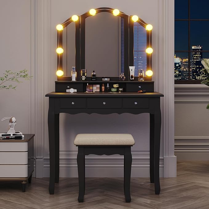 Tiptiper Makeup Vanity with Lights, Vanity Desk with 10 Light Bulbs & 3 Color Lighting Modes, Vanity Table with 5 Drawers and Cushioned Stool, Makeup Table with Tri-Fold Mirror for Women Girls, Black