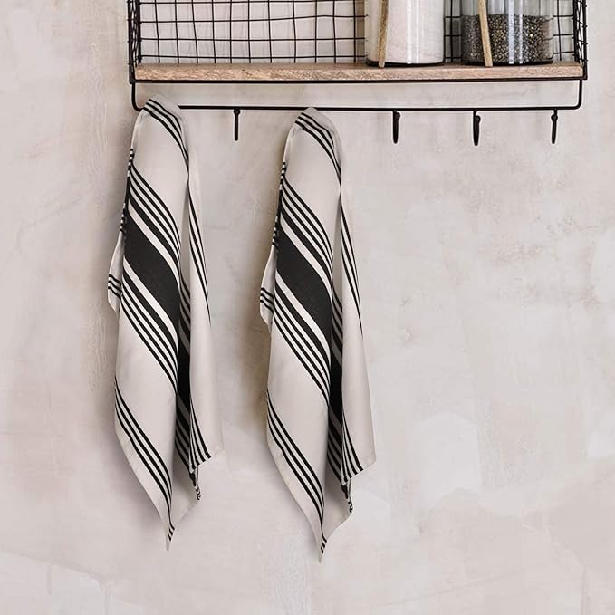 Urban Villa Kitchen Towels 100% Cotton Pack of 3, Highly Absorbent Quick Drying Super Soft Premium Dish Towels for Kitchen with Hanging Loop Hand & Tea Towels - 20x30 Inch, (Black & White, Striped)