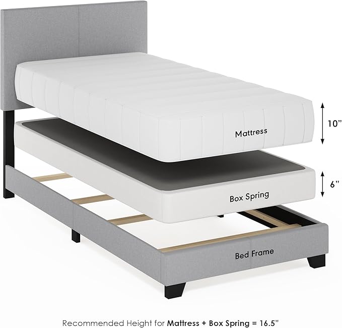 Furinno Pessac Fabric Upholstered Bed Frame with Wooden Slat Support, Twin XL, Glacier