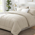 CozyLux King Size Comforter Set Oatmeal, 7 Pieces Bed in a Bag, Oatmeal Comforter King Size, All Season Bedding Sets with Stitch Quilted Comforter, Flat Sheet, Fitted Sheet, Pillowcases