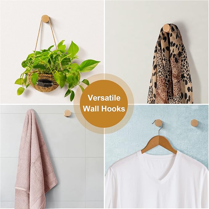 Wood Wall Hooks, 4 Pack Natural Wooden Coat Hooks Wall Mounted, Rustic Hat Hooks, Heavy Duty Entryway Wall Hangers for Hanging Purse, Towels, Clothes, Backpack