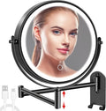 8" Wall Mounted Lighted Makeup Mirror, 3000mAh Rechargeable Double Sided 1X/10X Magnifying Mirror with Hook, 3 Color Lights Touch Dimmable 360° Rotation Vanity Mirror for Bathroom (Black)
