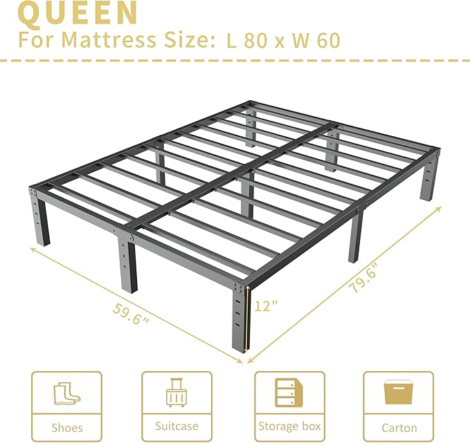 ALDRICH 12 Inch Metal Bed Frame Queen Size - Double Black Basic Steel Slats Platform, Easy Assembly Heavy Duty Noise Free Bedframes, No Box Spring Needed