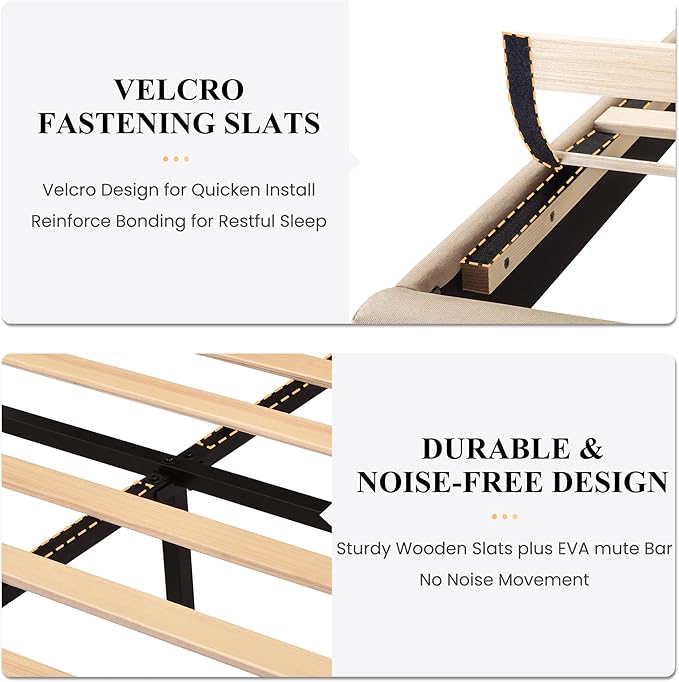 SHA CERLIN King Platform Bed Frame with Upholstered Fabric Headboard, Mattress Foundation with Strong Wooden Slats Support, No Box Spring Needed, Beige