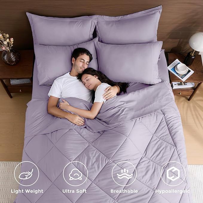 HEVUMYI Queen Purple Comforter Set - 7-Piece All Season Bed in a Bag Queen, Ultra Soft Bedding Set with Comforter, Flat Sheet, Fitted Sheet, Pillowcases, Pillow Shams, Lavender Purple