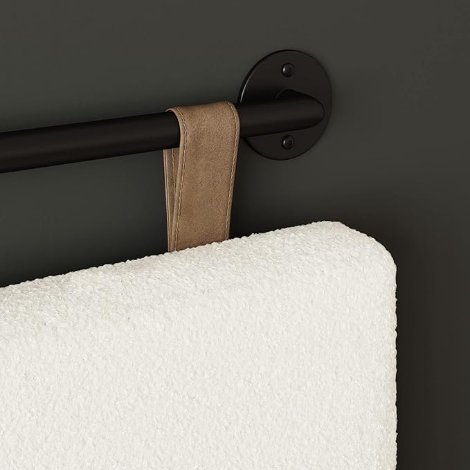 Nathan James Charlie Wall Mount Hanging Upholstered Headboard, Queen, White Boucle with Brown Faux Leather Straps