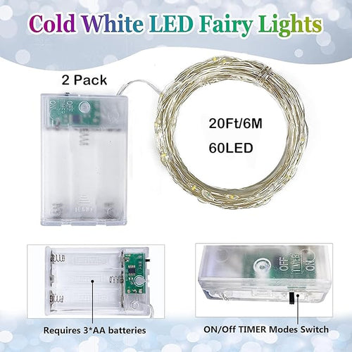 2 Pack 60 LED Christmas Fairy Lights Battery Operated with Timer, 20FT Waterproof Twinkle Lights Indoor Outdoor, String Lights for Bedroom, Wedding, DIY, Centerpiece, Christmas Decorations(Cool White)