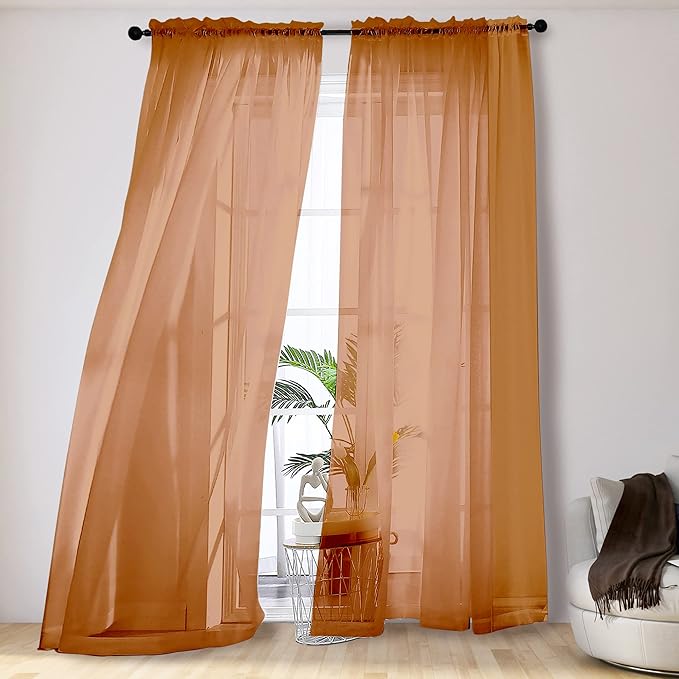 OVZME 2 Panels Solid Color Orange Sheer Curtains 96 Inches Long, Elegant Window Voile Panels/Draperies/Treatment for Living Room & Sliding Glass Door, 2 Panels = 84" W, Each 42" Wx96 L