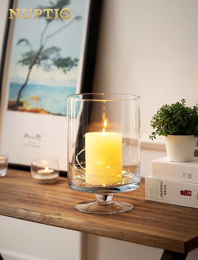 Glass Candle Holder for Pillar Candles - Large Glass Vases for Table Decoration, Clear Hurricane Candle Holder for Wedding Christmas Halloween Party Centerpiece Dining Room Decor, Gifts for Women