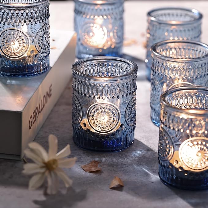 DARJEN Blue Votive Candle Holders Set of 36- Glass Candle Holders Bulk for Tea Light Candle, Embossed Candle Votives for Wedding Centerpiece, Living Room & Home Table Decor