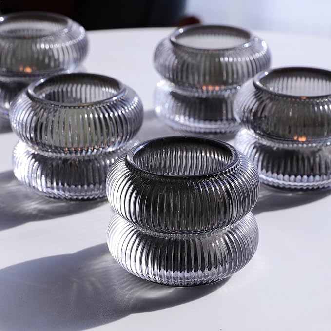 Woho Smoke Grey Votive Candle Holders Set of 6, Vintage Ribbed Tealight Candle Holder for Daily Home Decor, Classy Tea Light Candle Holder Glass for Living Room Table Decor(Grey, 2.1" H X 2.75" D)