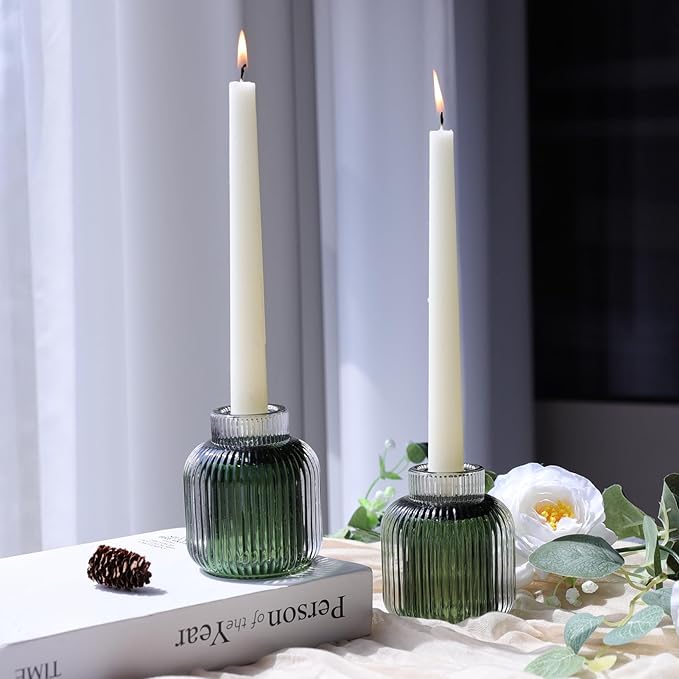 Woho Green Votive Candle Holders Set of 2(3.5" H x 3.1" W), Ribbed Tealight Candle Holder Vintage for Christmas Dinner Table, Reversible Tea Lights Candle Holder Glass for Living Room Home Decor