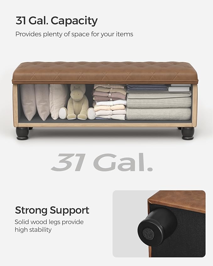SONGMICS Storage Ottoman, Storage Bench, Tufted Entryway Bedroom Bench, 17.7 x 46.5 x 17.7 Inches, Hinges Easy Lid Operation, Wooden Legs, Synthetic Leather, Loads 330 lb, Coffee Brown ULOM071K01