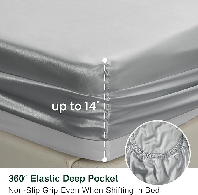 Love's cabin Full Size Satin Sheet Sets - 4 Piece Silver Silky Sheet Set with Deep Pocket, Luxury Silk Feel Satin Sheets Full Bedding Set (1 Flat Sheet,1 Fitted Sheet,2 Pillow Cases)