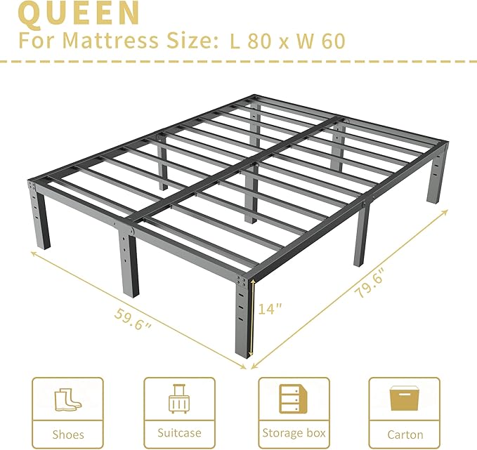 ALDRICH 14 Inch Metal Bed Frame Queen Size - Double Black Basic Steel Slats Platform, Easy Assembly Heavy Duty Noise Free Bedframes, No Box Spring Needed