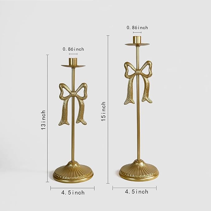 Bow Taper Candle Holders, Set of 2 Candle Stick Holders Set, Modern Decorative Centerpiece for Table Mantel Wedding Housewarming Gift (Vintage Gold)