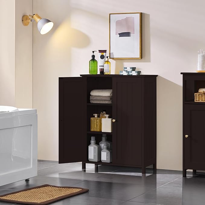 Yaheetech Bathroom Floor Cabinet, Modern Storage Freestanding Organizer Cabinet with Adjustable Shelves & Double Doors, 3-Tier Home Living Room Furniture, Espresso