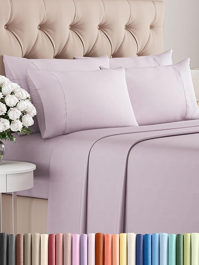 Full 6 Piece Sheet Set - Comfy Breathable & Cooling - Soft Hotel Luxury Bedding Set with 8-16 Inch Deep Pockets - 1 Flat & 1 Fitted Sheet & 4 Pillowcases - Wrinkle Free & Easy Care - Light Lavender