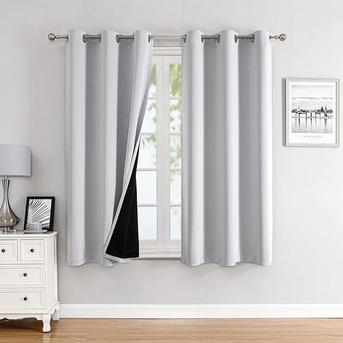 ChrisDowa 100% Blackout Curtains for Bedroom with Black Liner, 2 Thick Layers Total Blackout Thermal Insulated Grommet Small Window Curtains 2 Panels Set (Greyish White, 42 x 54 Inch)