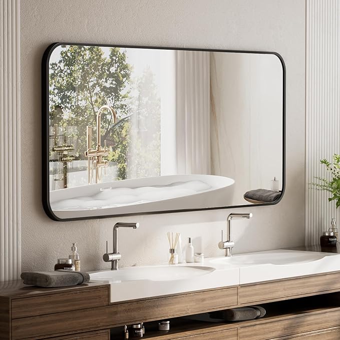 BEAUTYPEAK 26" x 38" Rectangular Aluminum Alloy Frame Wall Mounted Bathroom Mirror with Rounded Corners, Black