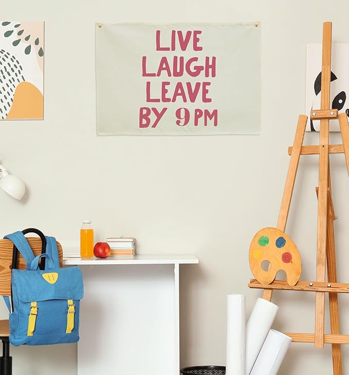 Boho Rectangular Canvas Banner-Flag Wall Sign Art Decor for Teen Friends Neighbor,Home Living Room Restaurant Dorm Playroom Front Door Inside Decor-Birthday Christmas Gift-Live Laugh Leave By 9PM