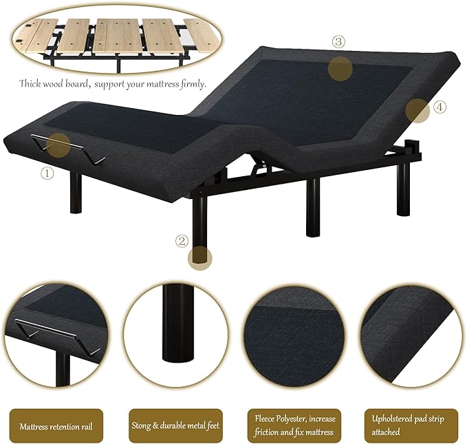 SHA CERLIN 14 Inch Twin XL Size Metal Adjustable Bed Base/Upholstered Bed Frame with Head and Foot Articulation Incline, Wireless Remote, Wood Board Support (Only Base)