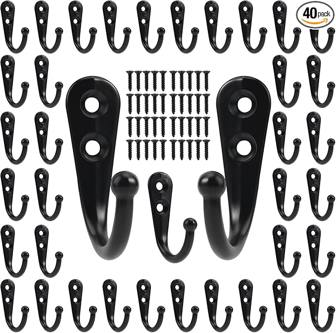 Wall Hooks for Hanging, 40 Pack Black Small Coat Hooks with 80 Screws, Heavy Duty Single Prong Wall Hooks for Keys, Cups,Towels,Bag and More
