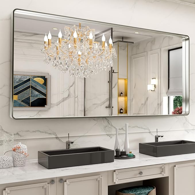 LOAAO 72X36 Inch Brushed Nickel Bathroom Mirror, Rounded Rectangle Silver Metal Frame Mirror, Brushed Nickel, Anti-Rust, Shatter Proof, Hangs Horizontally or Vertically