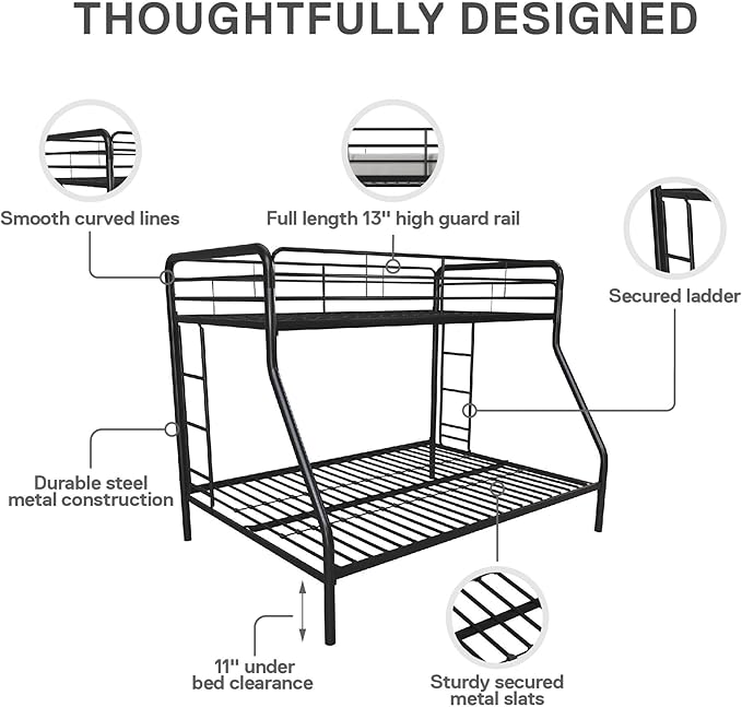 DHP Dusty Metal Bunk Bed with Secured Ladders, Twin/Full, Black