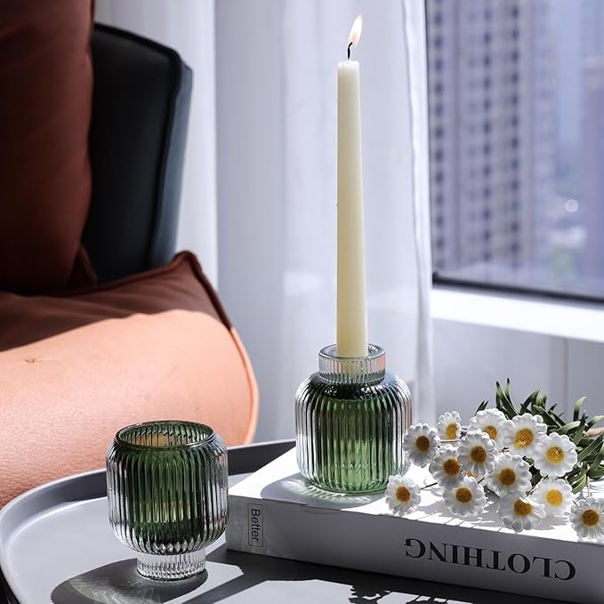 Woho Green Votive Candle Holders Set of 2(3.5" H x 3.1" W), Ribbed Tealight Candle Holder Vintage for Christmas Dinner Table, Reversible Tea Lights Candle Holder Glass for Living Room Home Decor