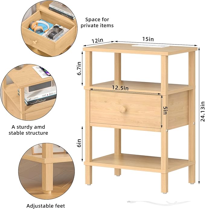 Lerliuo Nightstand with Charging Station and USB Ports, 3-Tier Storage End Table with Drawer Shelf, Night Stand for Small Spaces, Wood Bedside Table for Living Room, Bedroom - Natural Wood
