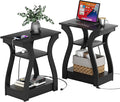 Black End Table Set of 2 with Charging Station, Side Table with USB Ports and Outlets, Black Nightstand, 3 Tier End Table with Storage Shelf for Living Room, Bedroom