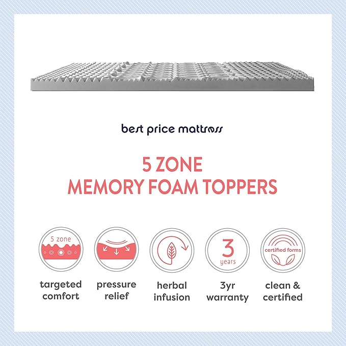 Mellow 3 Inch 5-Zone Memory Foam Mattress Topper with Plant-based Infusion and Moisture Control, CertiPUR-US Certified, King,Grey
