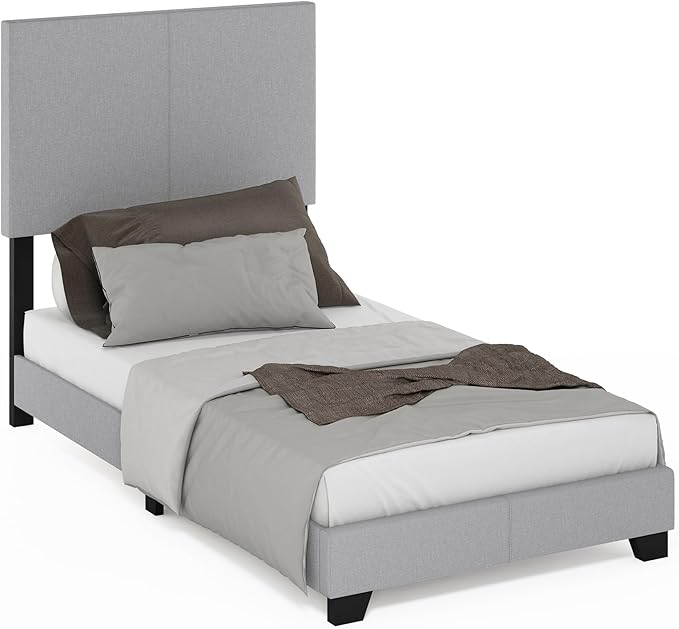 Furinno Pessac Fabric Upholstered Bed Frame with Wooden Slat Support, Twin, Glacier