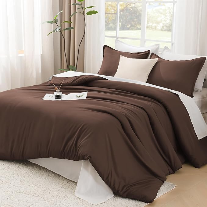 Litanika Comforters Brown Super King Plus Size, 3 Pieces Lightweight Solid Bedding Set & Collections, All Season Fluffy Bed Set (128x120In Comforter & 2 Pillowcases)