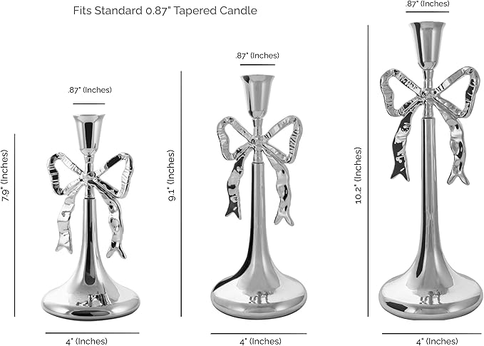 Iris Bow Candle Holders Set of 3, Silver Taper Candlestick Holders, Vintage Decor Perfect for Home Décor Accents, Centerpiece Dining Table Wedding Decor Fireplace Mantel or Housewarming Gift