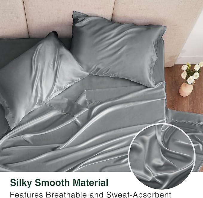 Love's cabin Satin King Sheet Sets - 4 Piece Dark Grey Silky Sheets King Size Bed Set with Deep Pocket, Luxury Silk Feel King Size Satin Sheet Set (1 Flat Sheet,1 Fitted Sheet,2 Pillow Cases)