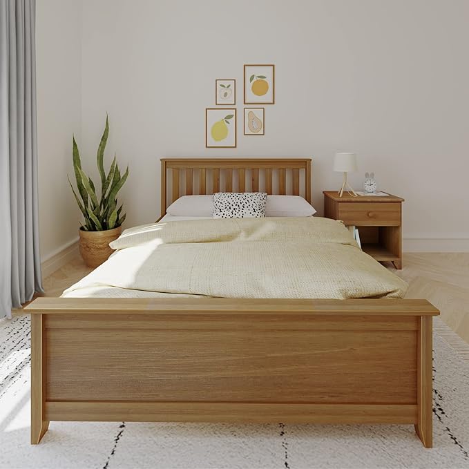Max & Lily Full Size Bed Frame with Slatted Headboard, Solid Wood Platform Bed for Kids, No Box Spring Needed, Easy Assembly, Pecan