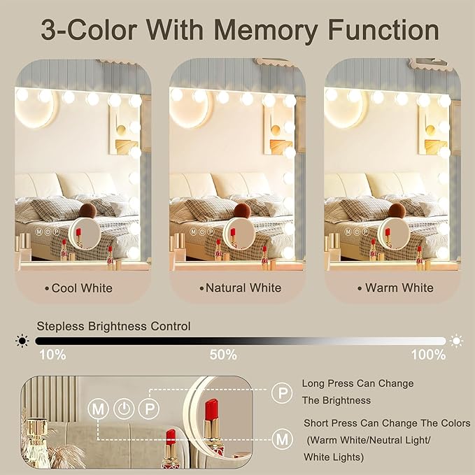 Hollywood Vanity Mirror with Lights, 21 Dimmable Bulbs, 3 Color Lights,Make Up Lighted Mirror, Aluminum Metal Frame, USB Charging Port（40" x 30"）