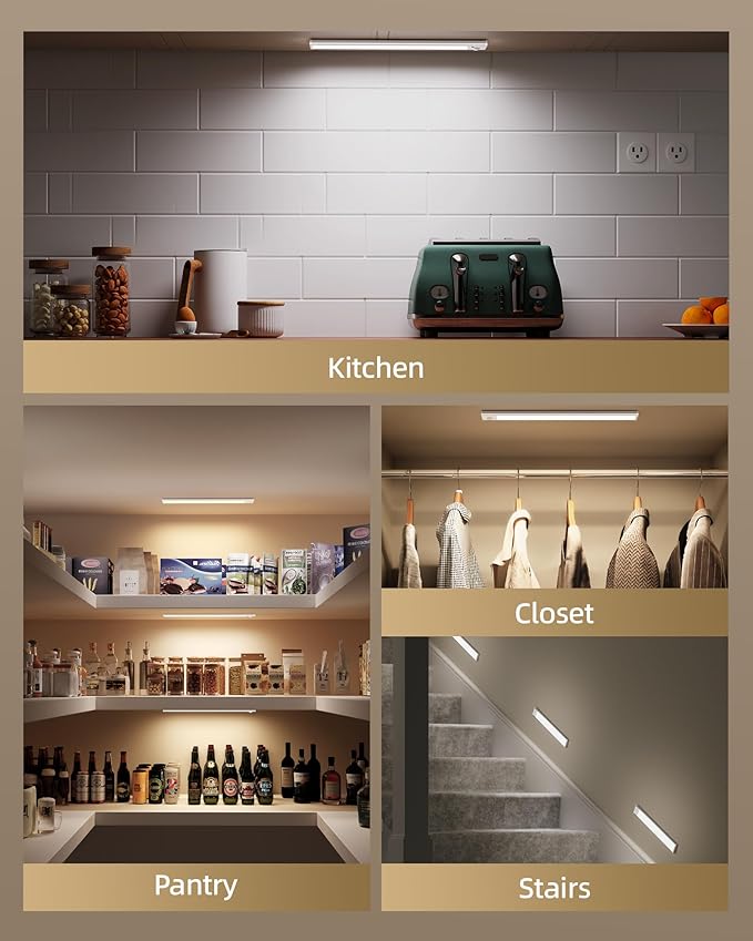 16inch Under Cabinet Lighting, 6Pack Rechargeable Motion Sensor Light Indoor, Magnetic Closet Lights with Dimmable & 3 Color Temps, Wireless Under Counter Lights for Kitchen, Stairs