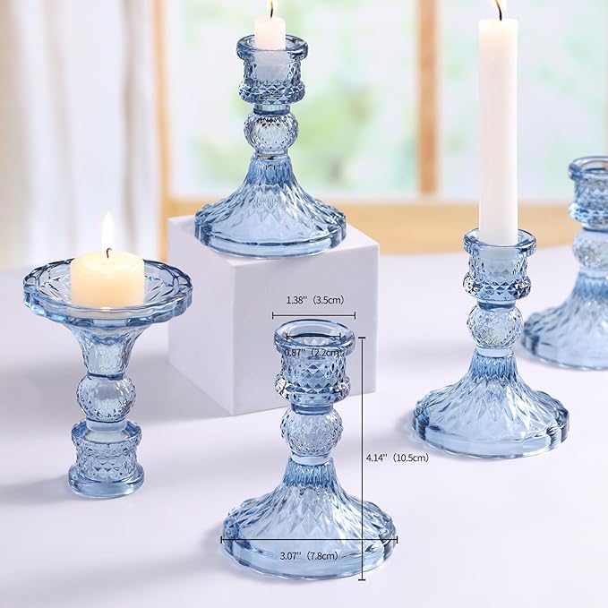 Glass Candle Holder Set of 12, Blue Taper Candle Holders Bulk, Vintage Candlestick Holders, Candle Stick Holder for Table Centerpieces, Wedding, Festival & Home Decor