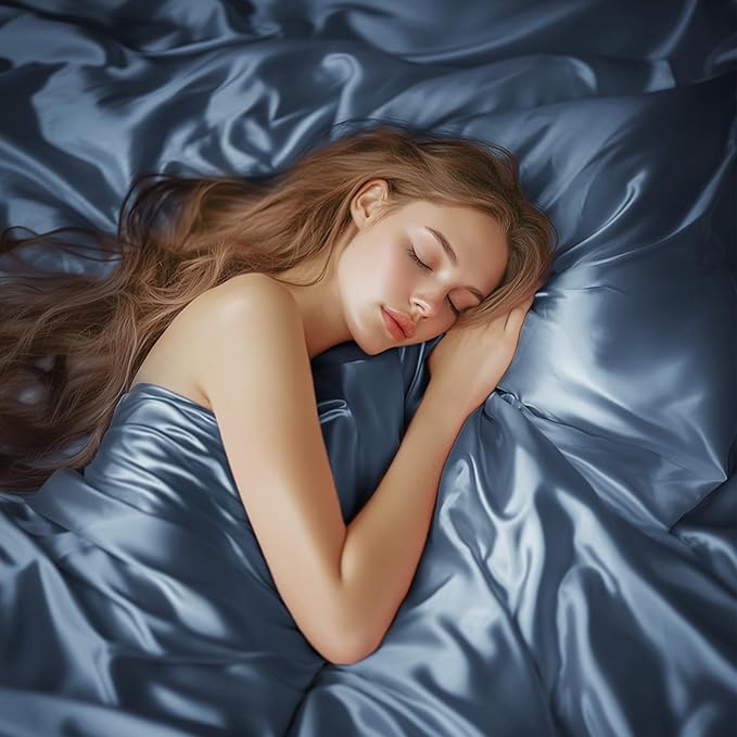 Love's cabin Full Size Satin Sheet Sets - 4 Piece Ash Blue Silky Sheet Set Full with Deep Pocket, Luxury Silk Feel Bed Sheets Full Bedding Set (1 Flat Sheet,1 Fitted Sheet,2 Pillow Cases)